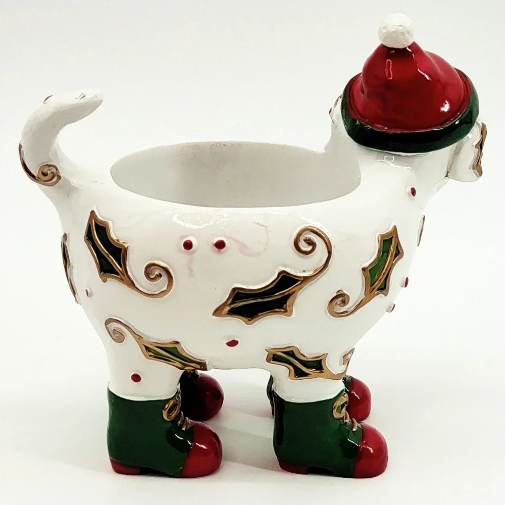 Vintage Ganz Whimsical Christmas Dog Candle Holder Ceramic Holly Berries